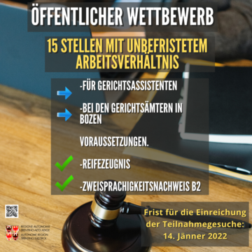 REGION: ÖFFENTLICHER WETTBEWERB FÜR GERICHTSASSISTENTEN IN BOZEN