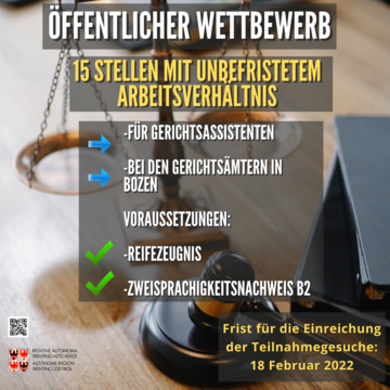 REGION: EINREICHFRIST FÜR DIE GESUCHE UM ZULASSUNG ZUM WETTBEWERB FÜR GERICHTSASSISTENTEN BIS 18. FEBRUAR VERLÄNGERT